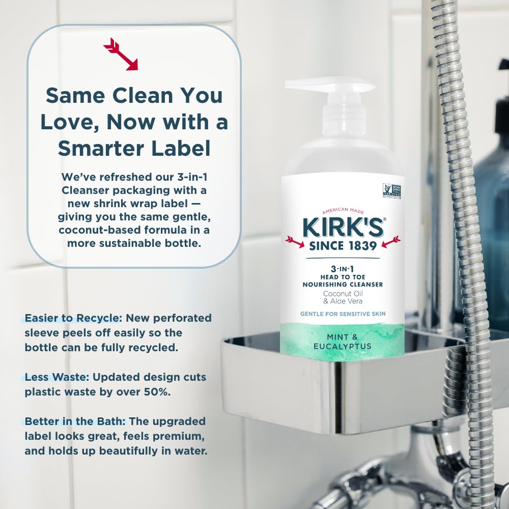 Kirk's Juniper & Lime​ 3-in-1 Nourishing Cleanser, Shampoo Body Wash Bubble Bath, Coconut Oil and Aloe Vera, Vegan Non-GMO, 32 Fl Oz