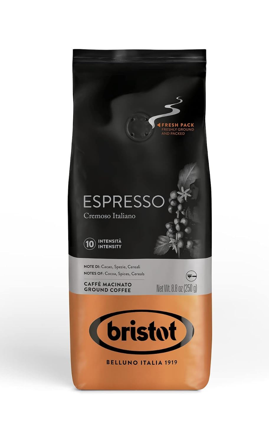 Bristot Espresso Cremoso Italiano Ground Coffee – Medium Roast, Rich & Smooth – 8.8oz (250g) Bag – Italian Ground Espresso for Home Machines
