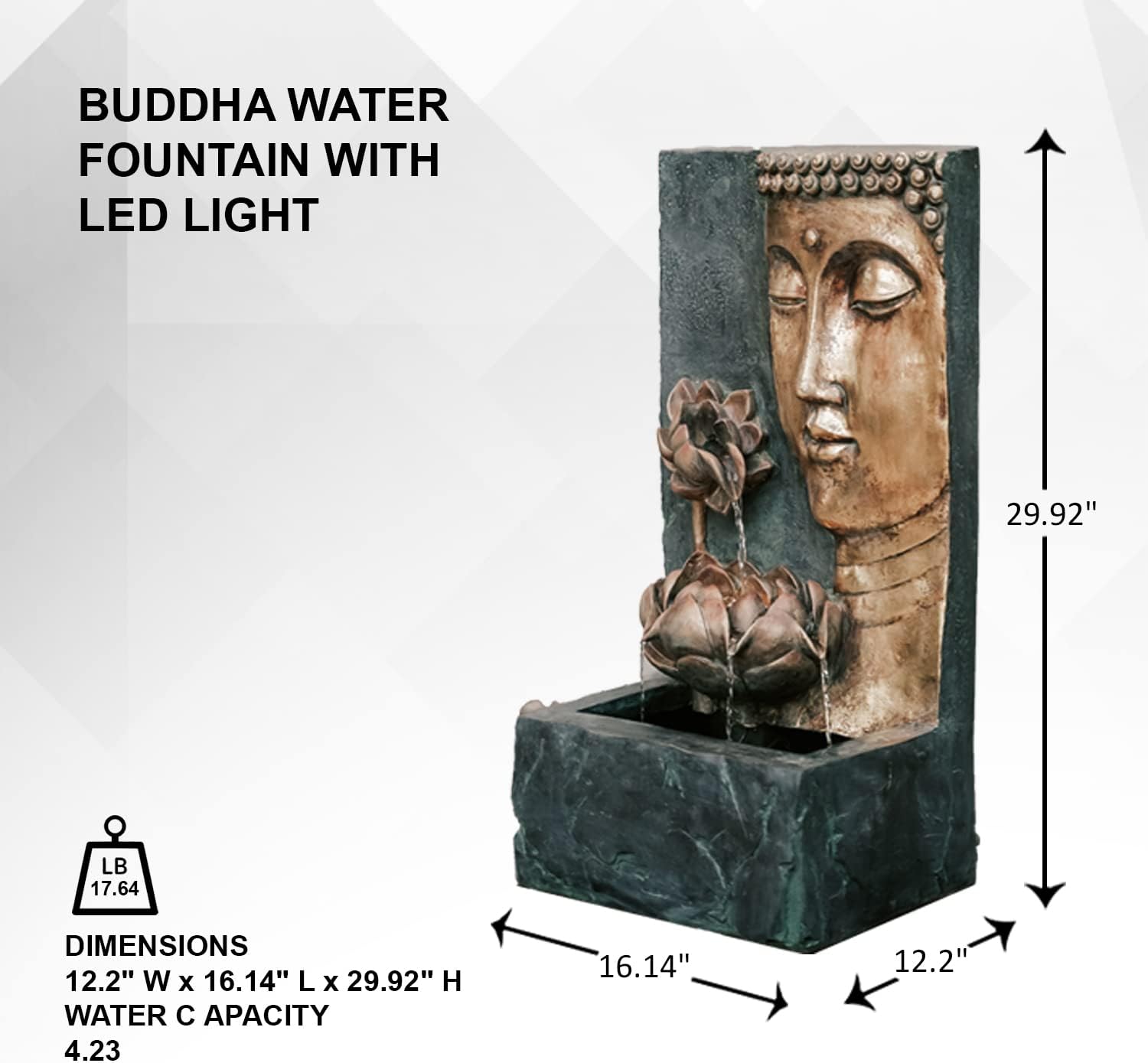 XBrand 30" H Zen Buddha Face Water Fountain w/LED Light & Pump, Indoor/Outdoor Freestanding, Relaxing Zen Décor