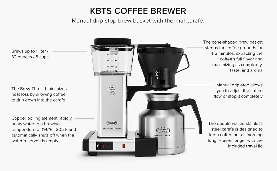 KBTS Coffee Brewer: Manual drip-stop brew basket with thermal carafe.