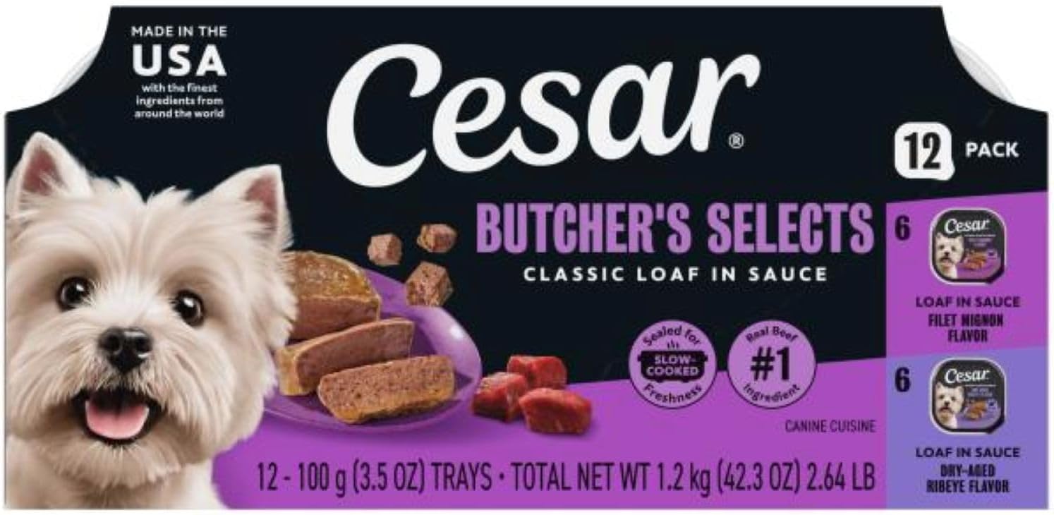 Cesar Classic Loaf Wet Dog Food, Meaty Selects, 3.5 oz, 12 Count, 2-Pack | Made in USA, Filet Mignon & Porterhouse Steak flavors, real beef #1 ingredient, no artificial flavors, easy peel trays