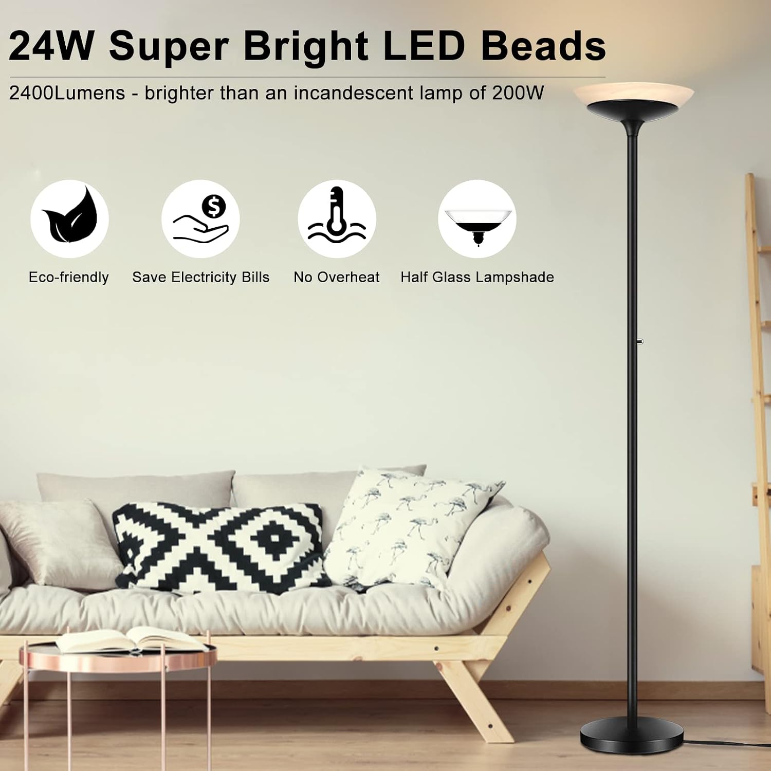 BoostArea Torchiere Floor Lamp, 30W Super Bright LED Standing Lamp, Stepless Dimmable Pole Lamp with 3000K Lighting, Rotary Switch