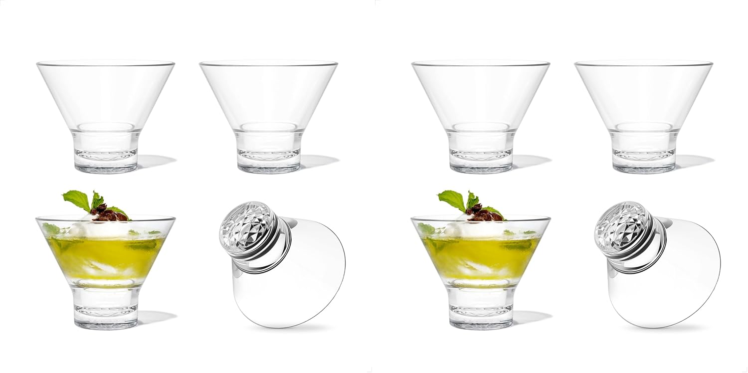 TOSSWARE RESERVE 8oz Stemless Martini Glass, SET OF 4, Premium Quality, Tritan Dishwasher Safe & Heat Resistant Unbreakable Plastic Cocktail Glasses