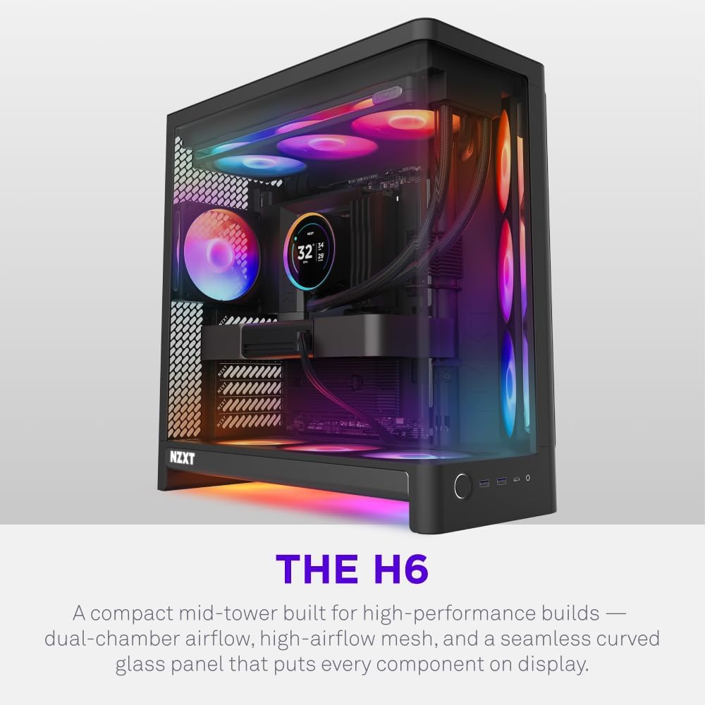 NZXT H6 - Compact Dual-Chamber ATX PC Case - White | Dual-chamber ATX case supporting up to 10 120mm fans and 360mm radiators, with back-connect motherboard compatibility.