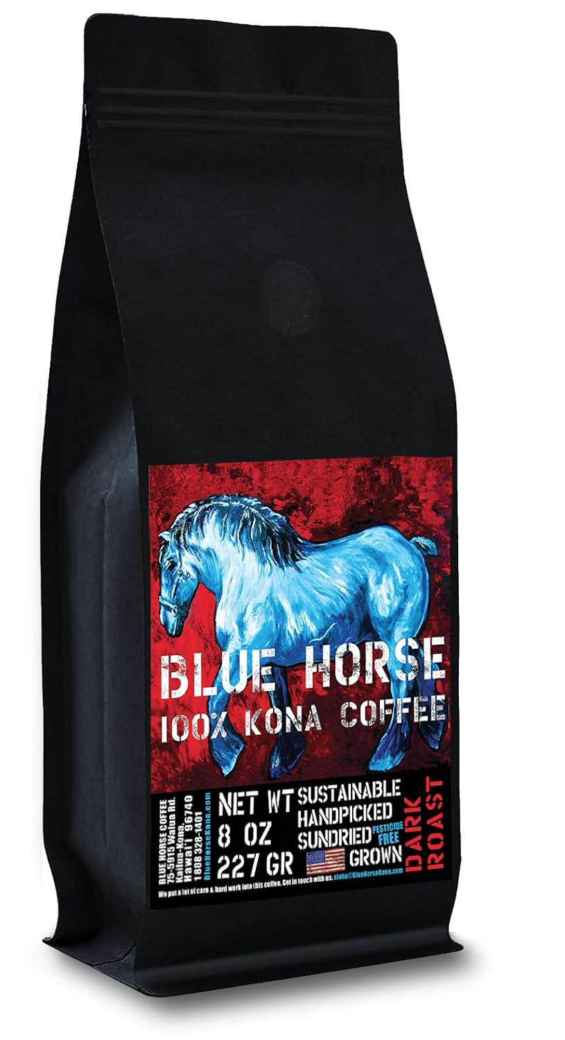 Blue Horse 100% Kona Coffee Whole Bean - 16 oz Medium Roast, Farm Fresh | Certified Organic, Arabica Whole Beans,, Grown In Hawaii USA, Shade Grown, Handpicked, Vacuum Sealed Bag, Caffeinated, Vegan
