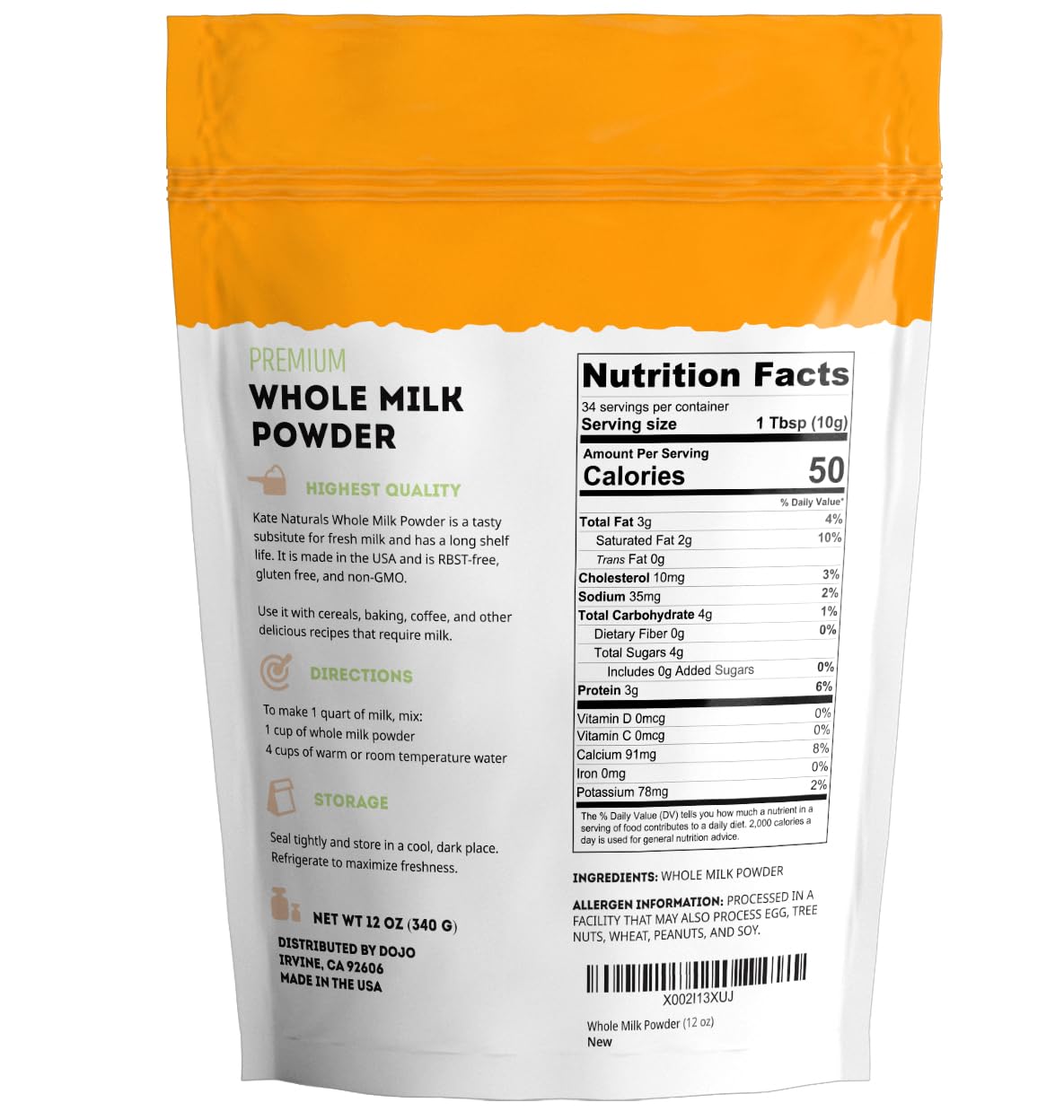 Kate Naturals Dry Whole Milk Powder for Baking, Coffee & Milkshakes (12oz)