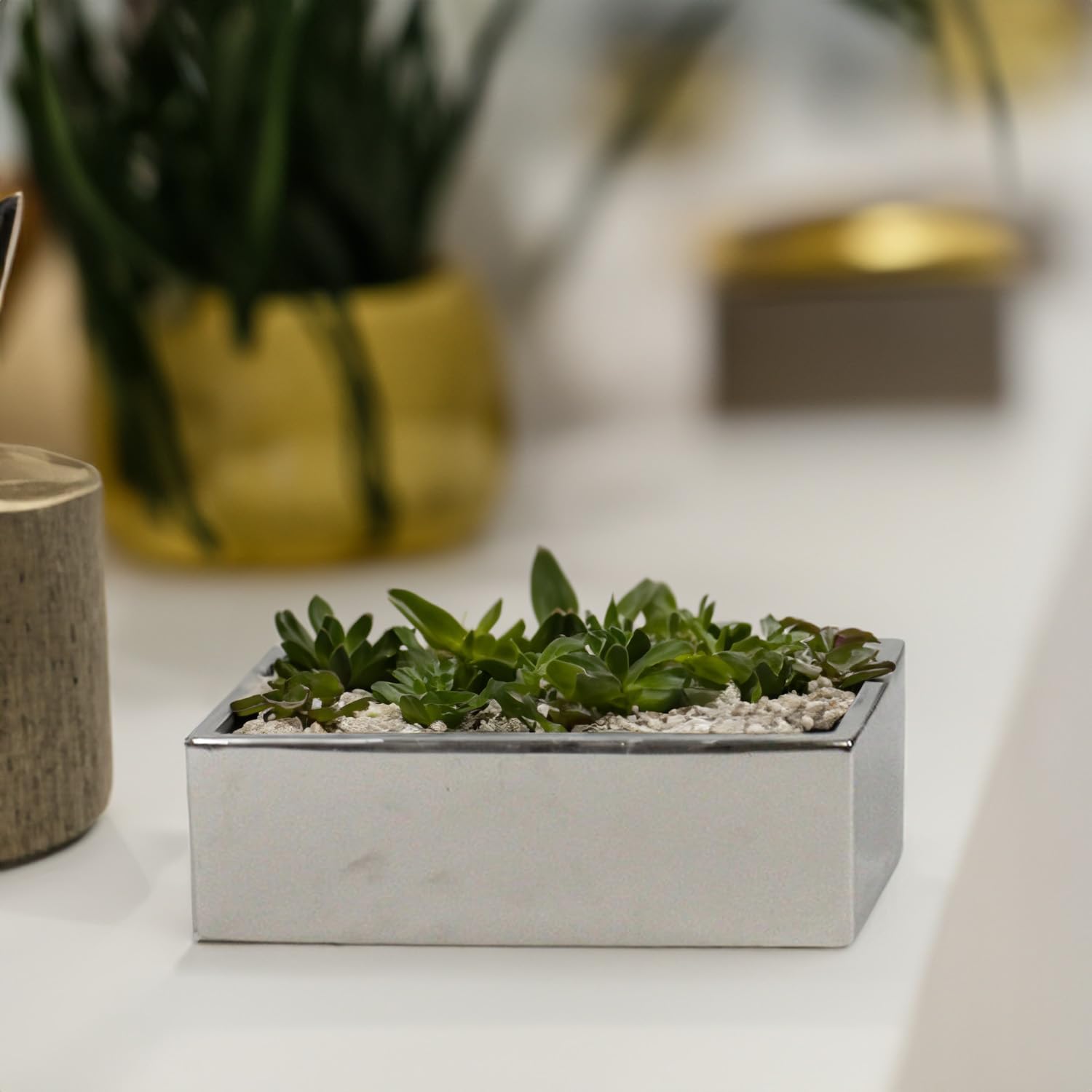 WGVI Long Rectangle Ceramic Planter Vase in White 14" x 4" x 4"H, Rectangular Box Block Terrarium Pot, Flower Arrangement, Tabletop Centerpiece