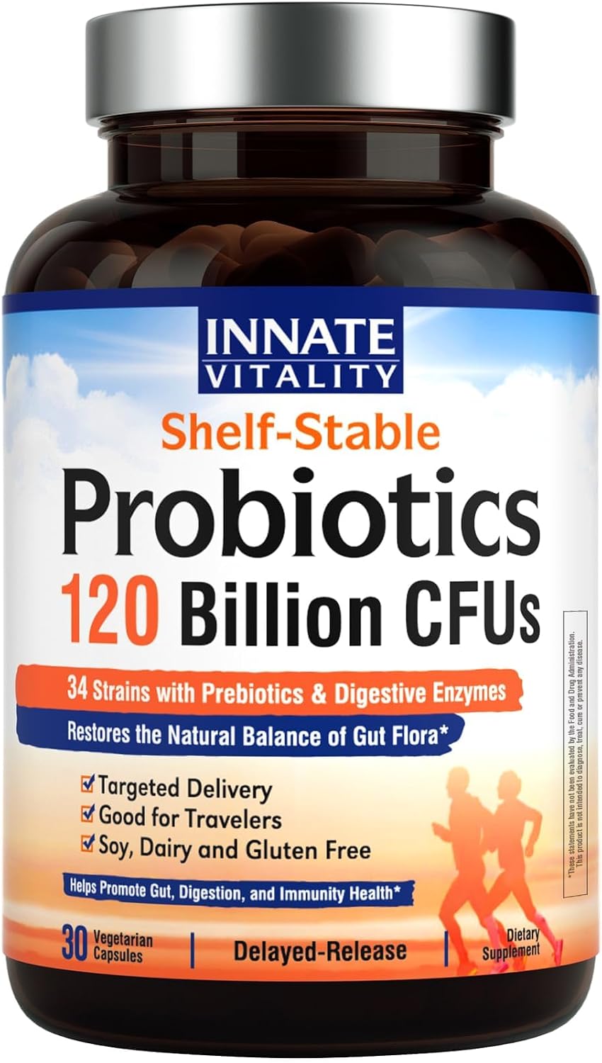 Innate Vitality Probiotics 120 Billion CFUs for Men & Women, 34 Strains with Prebiotics & Digestive Enzymes, Immune & Digestive Health