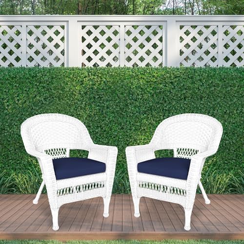 Jeco Wicker Chair with Blue Cushion, Set of 2, White/W00206-