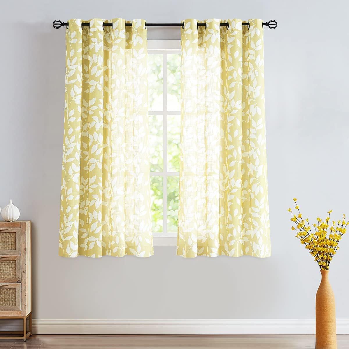 Leaf Semi Sheer Curtains for Bedroom Living Room 52x72" Taupe White Print 2