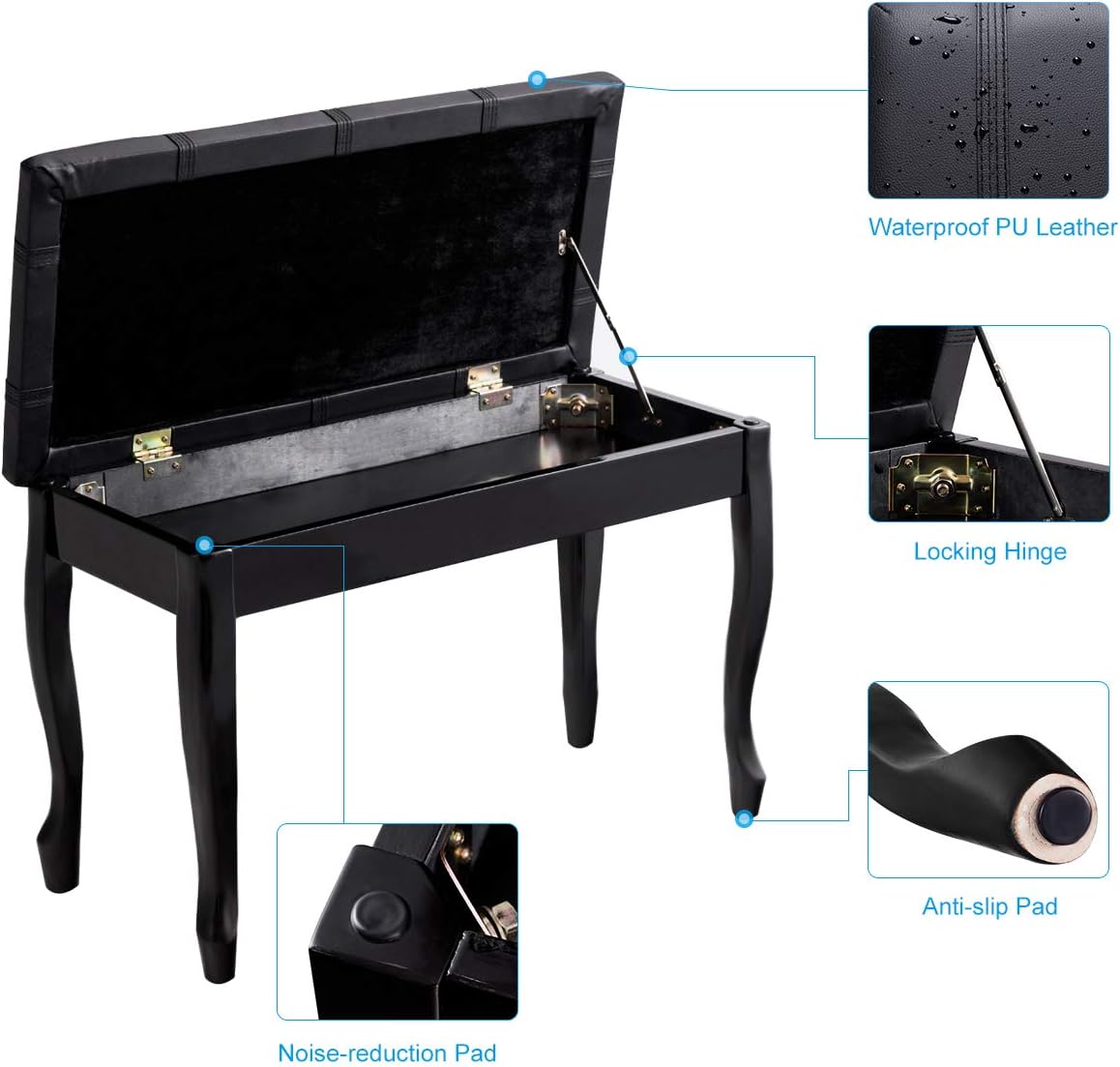 GOFLAME Piano Bench Stool with Padded Cushion and Music Storage, Heavy Duty Piano Duet Seat with PU Leather Padded Seat and Solid Wooden Legs