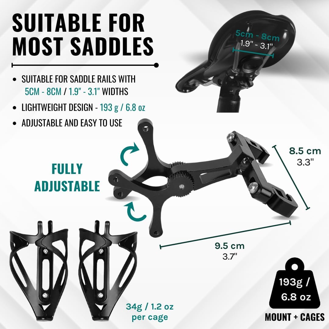VeloChampion Universal Bike Water Bottle Holder Mount & 2 Cages, Standard | Rear Bike Saddle Bottle Cage Mount for Triathlon & Road Cycling. Holds 2 Bottles up to 750ml, Fits Saddle Rails 50-80mm