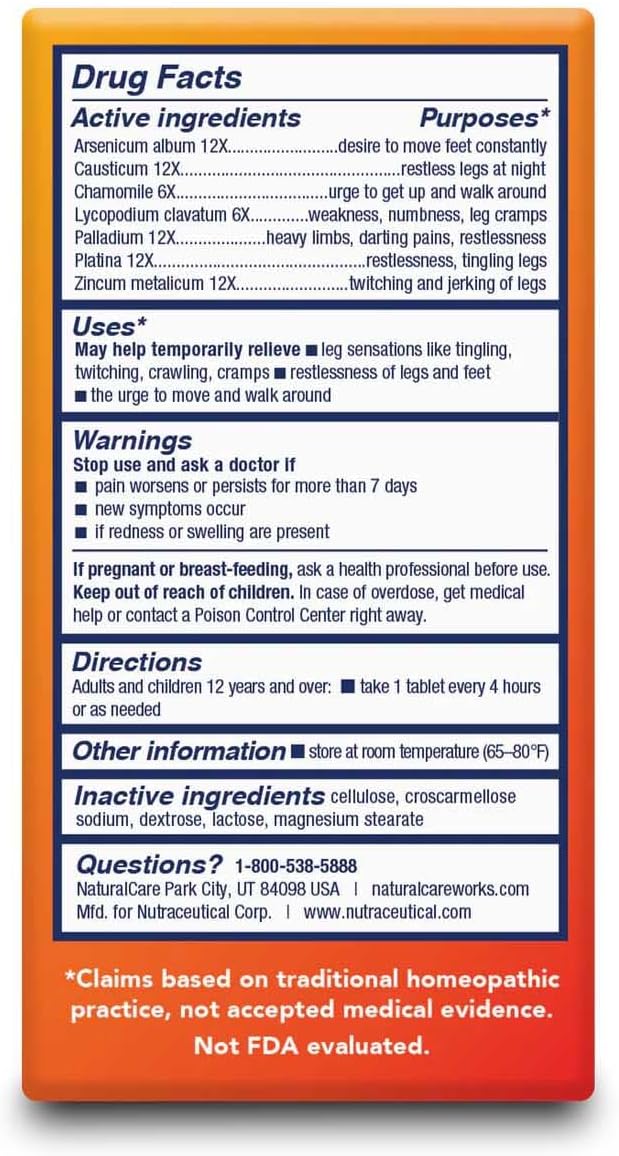 NaturalCare Restless Legs Homeopathic Tablets for Jerking & Twitching Legs, Restless Legs at Night, Tingling Legs, 60 Count