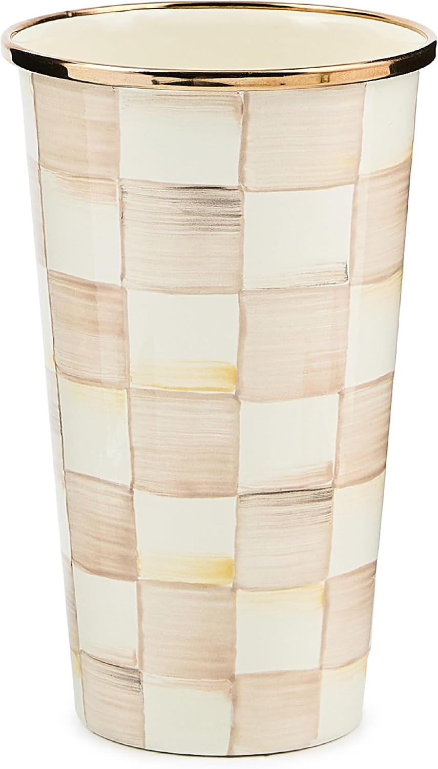 MACKENZIE-CHILDS Enamel Tumbler, Black-and-White Courtly Check | Hand-painted design, elegant drinkware with gold rim, 2.75" dia. x 4.5" H, 10-ounce capacity