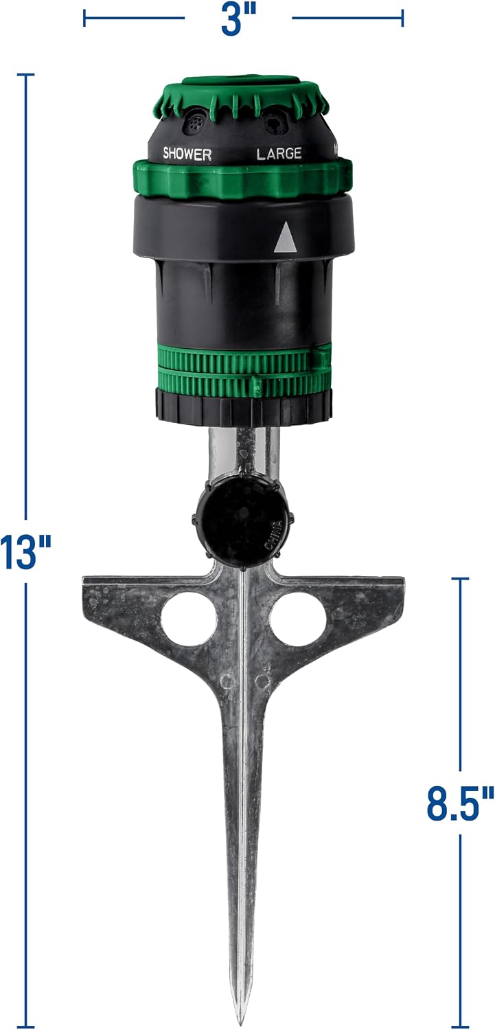 Orbit H2O-Six Gear-Drive Sprinkler on Metal T-Spike - Customizable Lawn Watering Coverage - Multi-Pattern Rotating Head with Adjustable Spray Range - Durable Outdoor Yard Irrigation Sprinkler - 58573