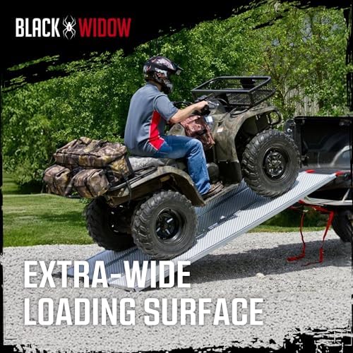Black Widow 6ft 5in Aluminum Folding ATV Loading Ramp, 1500 lb Capacity | Load four-wheelers into trailer, folds into thirds for storage, safety straps included