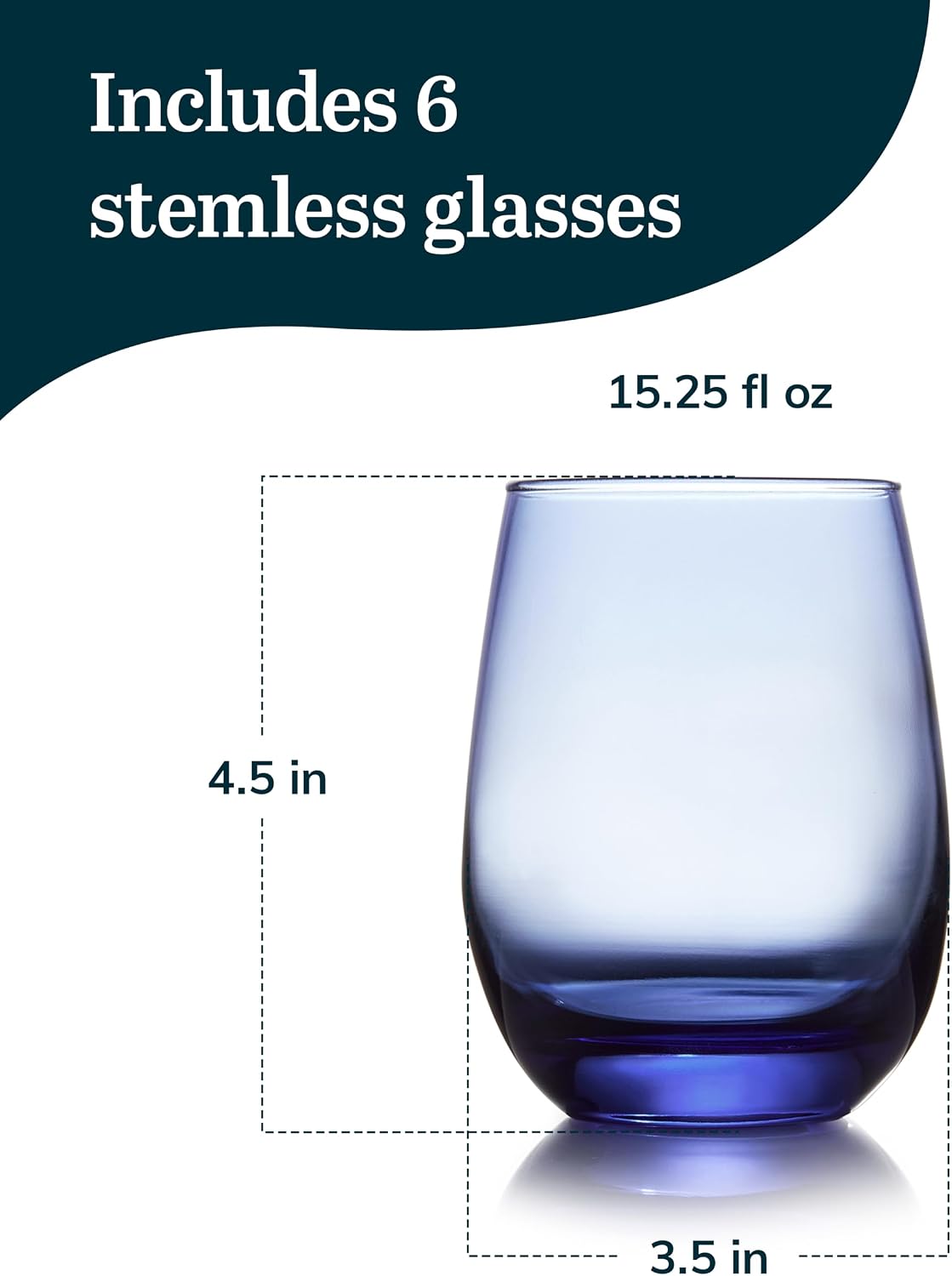 Libbey Classic Blue All-Purpose Stemless Wine Glasses Set 6, Timeless Wine Cups Set of 6, 15.25 Oz, Wine Glass Set for Dinners, Weeknights