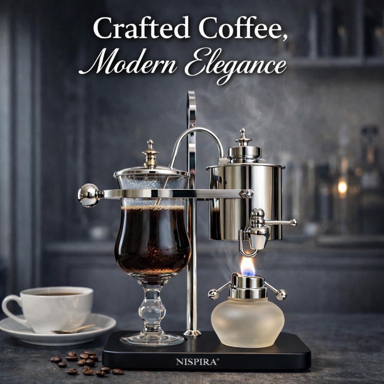 Nispira Belgian Balance Syphon Vacuum Coffee Maker, 500 ml Vintage Gravity Brewing System, Silver Finish, Manual Tabletop Coffee Brewer
