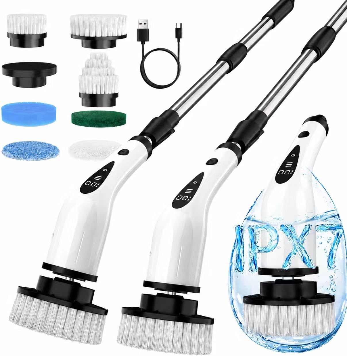 Electric Spin Scrubber, 3-Speed Flat End Brush with 8 Brush Heads & Base, IPX7 Waterproof, Adjustable Long Handle, Digital Display, 2500mAh Fast Charging, for Bathroom, Tub, Tile, Floor