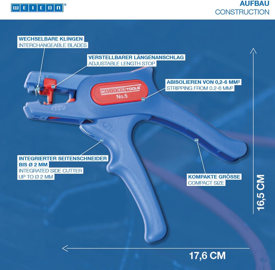 WEICON TOOLS Wire Stripper No. 5, automatic wire stripper 0.2-6 mm², wire stripper with side cutter up to 2 mm