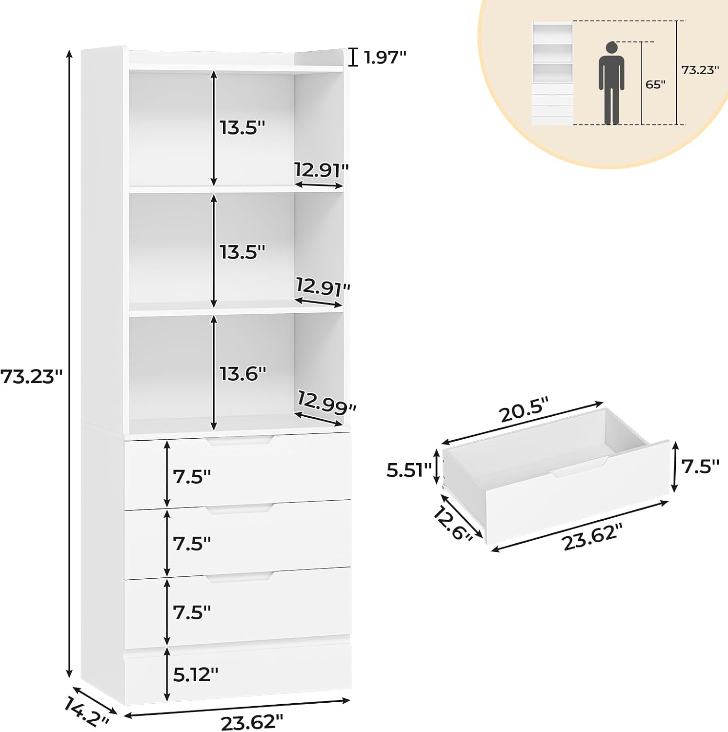 DICTAC 73.23'' Tall Storage Cabinet Bookcase with 3 Drawers and 3-Tier Open Shelves Wooden Bookshelf Kitchen Pantry Storage Organizer Cabinets for Living Room, Study, Kitchen,Bathroom,White