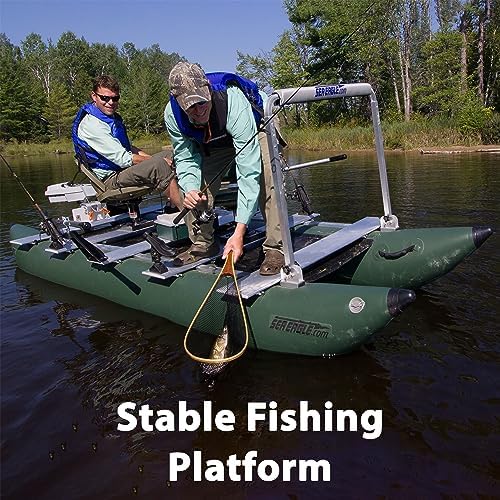 Sea Eagle 375fc FoldCat 1-2-Persons Inflatable Fishing Pontoon Boat, Lightweight & Portable, w/2 Green Swivel Seats, Pedestal, Oar Set, Scotty Rod Holders, Boat Bag, & Pump