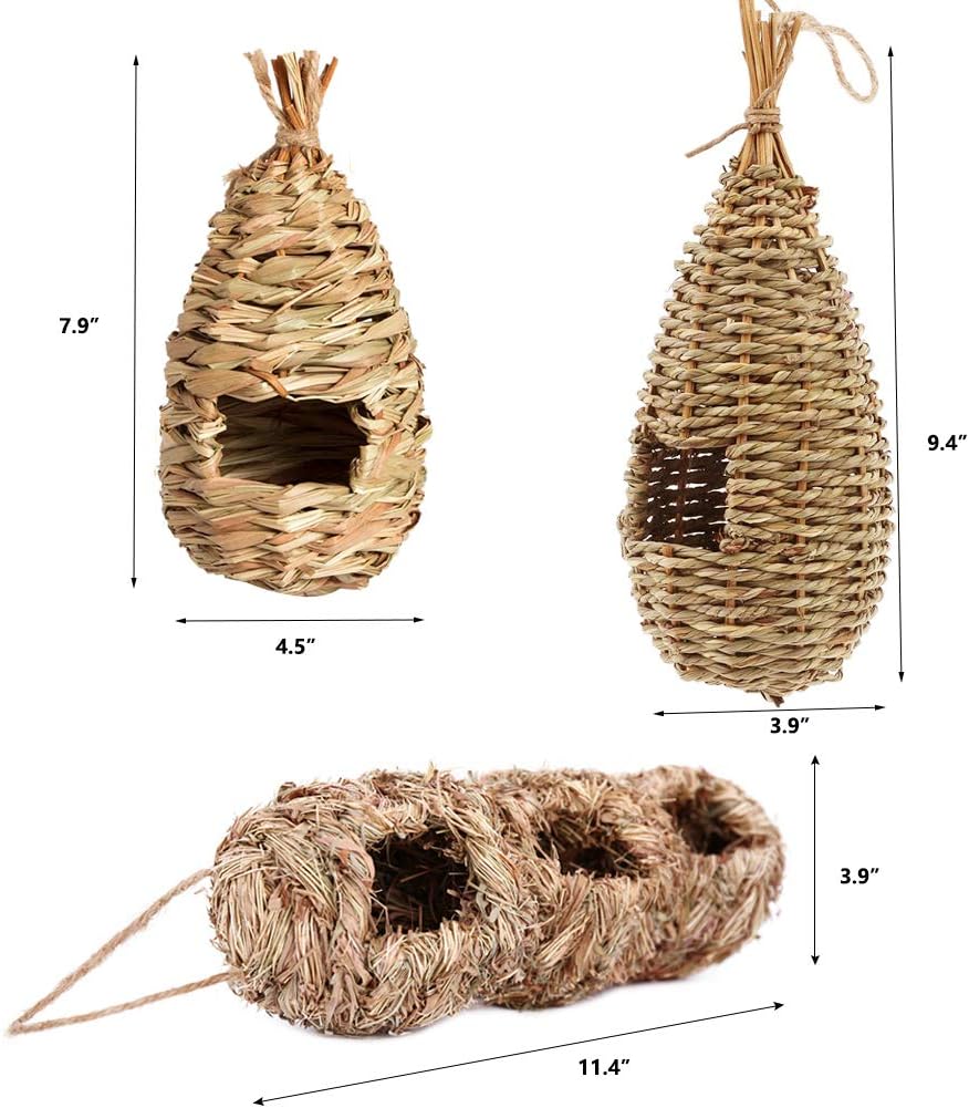 Hummingbird House, Pack of 3 Grass Bird Hut, Hand Woven Hanging Birdhouse Outside Roosting Pocket Nest for Hummingbird Wren Sparrow Wicker Finch Chickadee