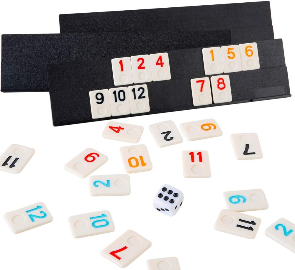 Homwom 106 Tiles Rummy Game - Travel Games Rummy Board Game Rummy Set with Aluminum Case & 4 Anti-Skid Durable Trays