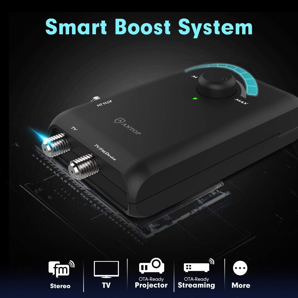 Antop HD Smart Boost Antenna Amplifier, TV Antenna Amplifier Signal Booster, HDTV Booster with Dual Outputs for 2 TVs, HD Digital VHF UHF FM Amplifier