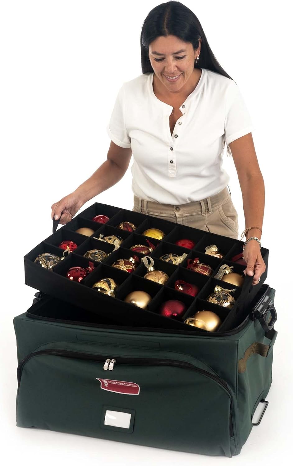 (Green Christmas Ornament Storage Box with Dividers) - Deluxe Ornament Keeper - Holds 72 Ornaments up to 4 Inches in Diameter | 3 Removable Trays with Separators | Acid-Free Fabric Lining