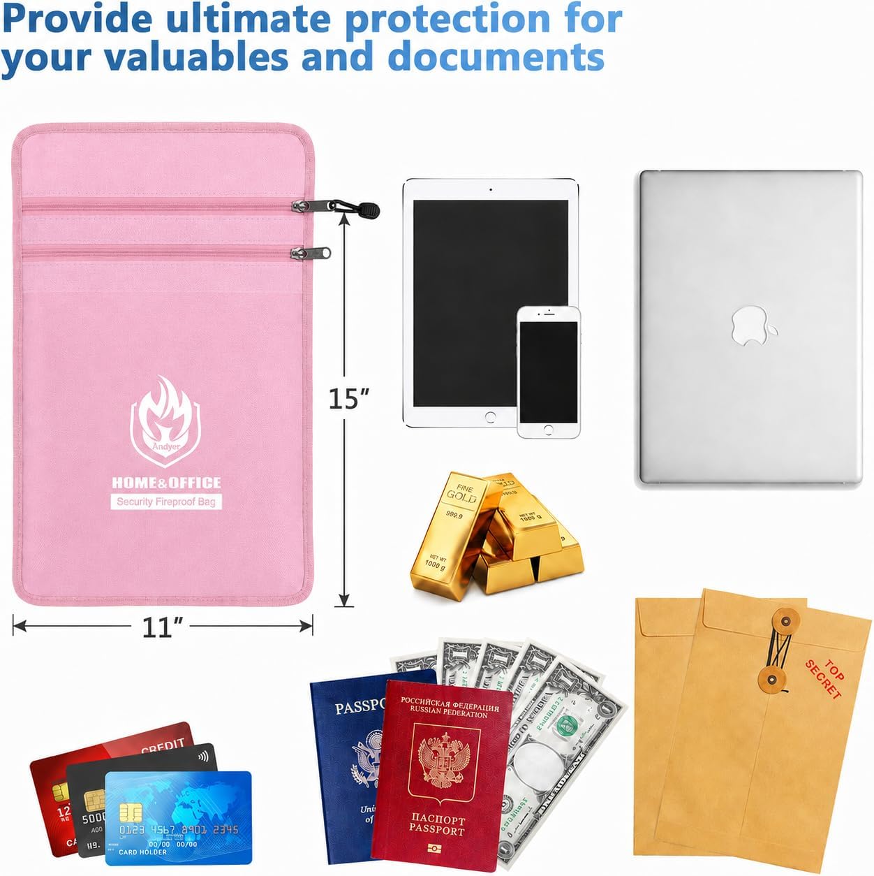 Andyer 2 Pockets Fireproof Document Bag (15"x11"), Protect Values from Fire