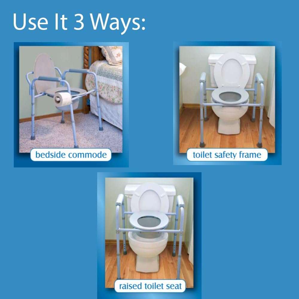 Carex 3-in-1 Folding Bedside Commode and Raised Toilet Seat, Portable Toilet Supports Up to 300lbs, Bedside Commodes for Seniors