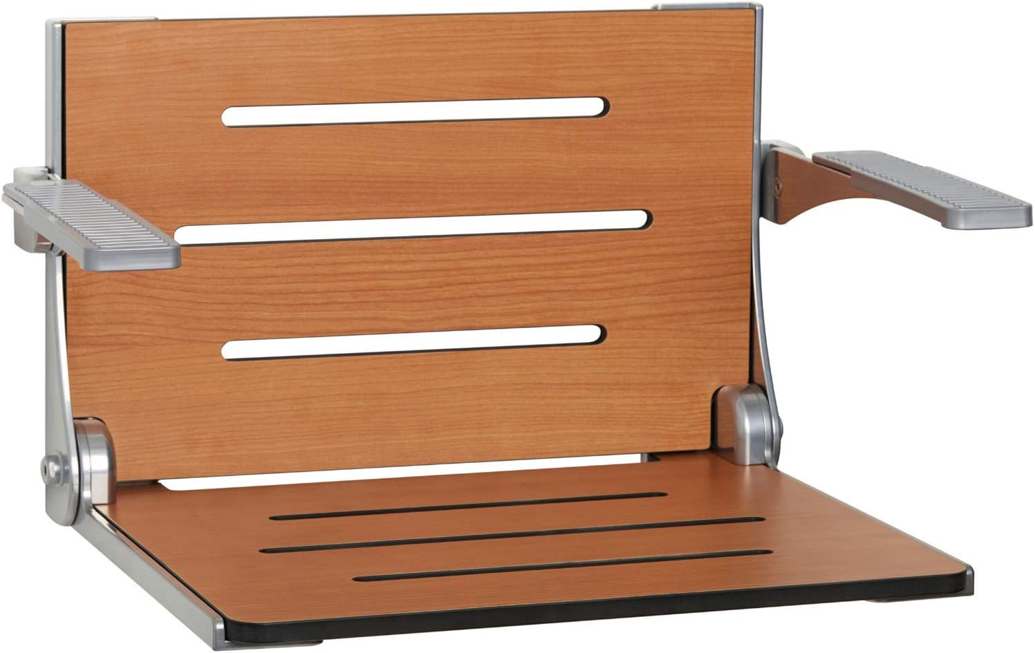 Seachrome Silhouette Comfort Folding Wall Mount Shower Bench Seat with Arms, Teak Seat with Silver Frame