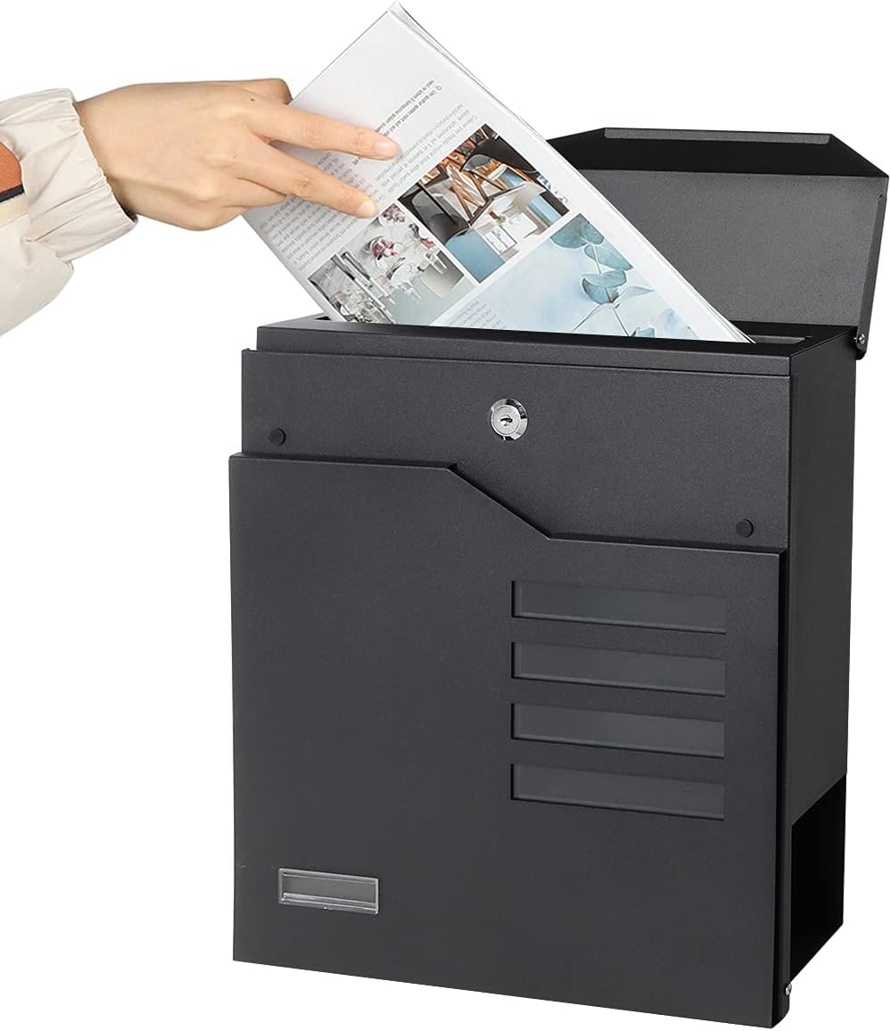 Decaller Large Capacity Mailbox with Key Lock, Wall Mount Metal Mail Box with Newspaper Compartment for Outside, 14.4" x 13" x 4.2", 938 Black