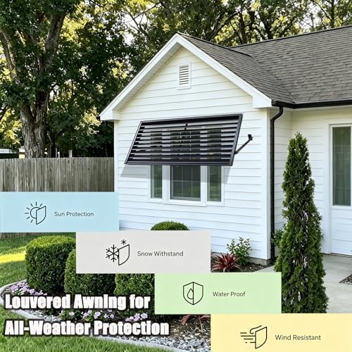 75.2" W x 32" H Black Aluminum Bahama Shutter Window Awning, Exterior Fixed Metal Louvered Canopy Sun Shade Rain Shelter for Doors, Windows, Entryway