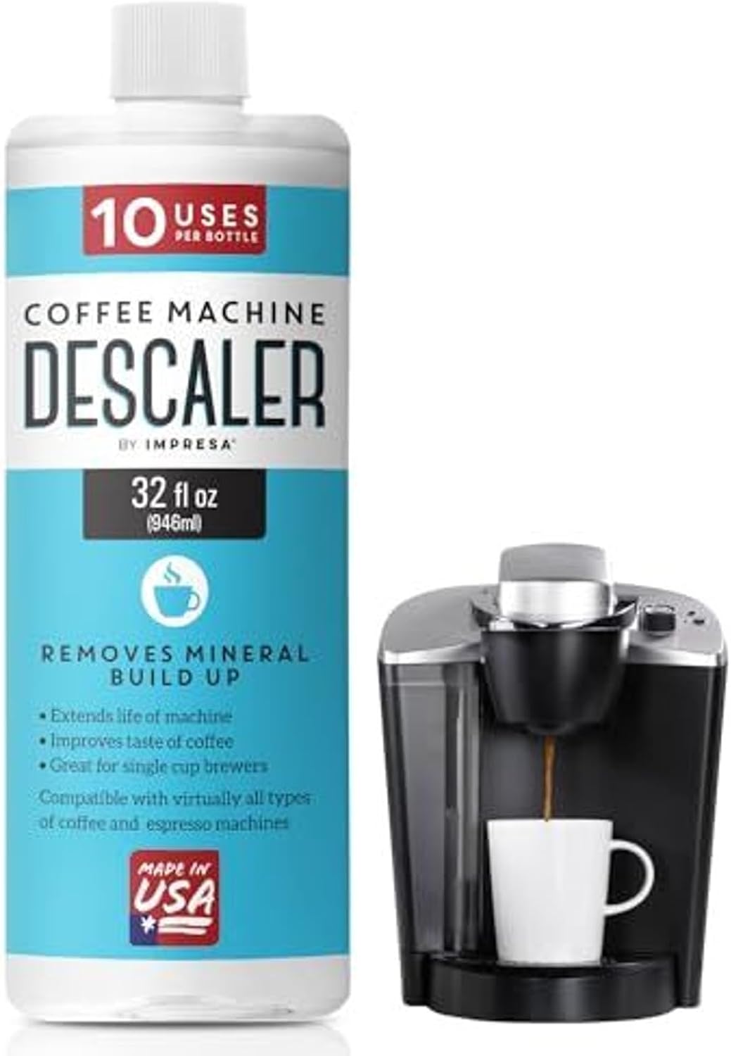 IMPRESA Coffee Machine Descaler (2 Uses Per Bottle) - Made in the USA - Universal Descaling Solution, Compatible with Nespresso, Delonghi and All Single Use Coffee and Espresso Machines