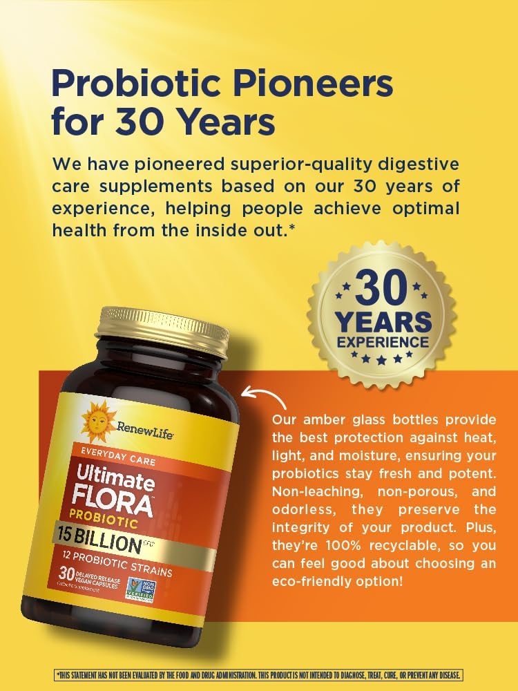 Renew Life Ultimate Flora Probiotic 15 Billion CFU | 30 Delayed Release Vegan Capsules Go Pack | Everyday Care Formula | Dairy, Soy, and Gluten Free Supplement