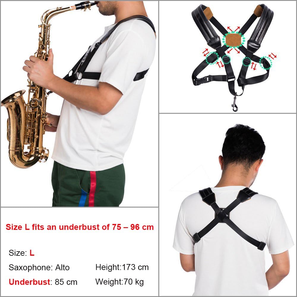 Rayzm Sax Strap,Universal Double Shoulder Leather Strap for Sax,Adjustable Padded Harness Strap for Alto Tenor Baritone Sax