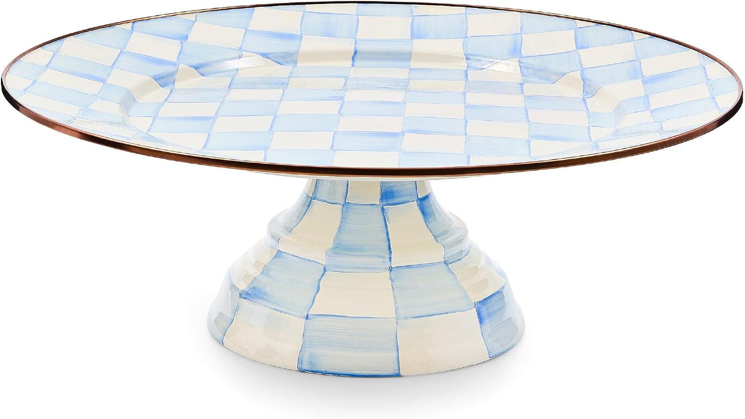 MACKENZIE-CHILDS Pedestal Platter, Mini, Black-and-White Courtly Check | Hand-painted design, made from enameled steel, stackable round cake stand for serving desserts, 8" dia. x 3" H