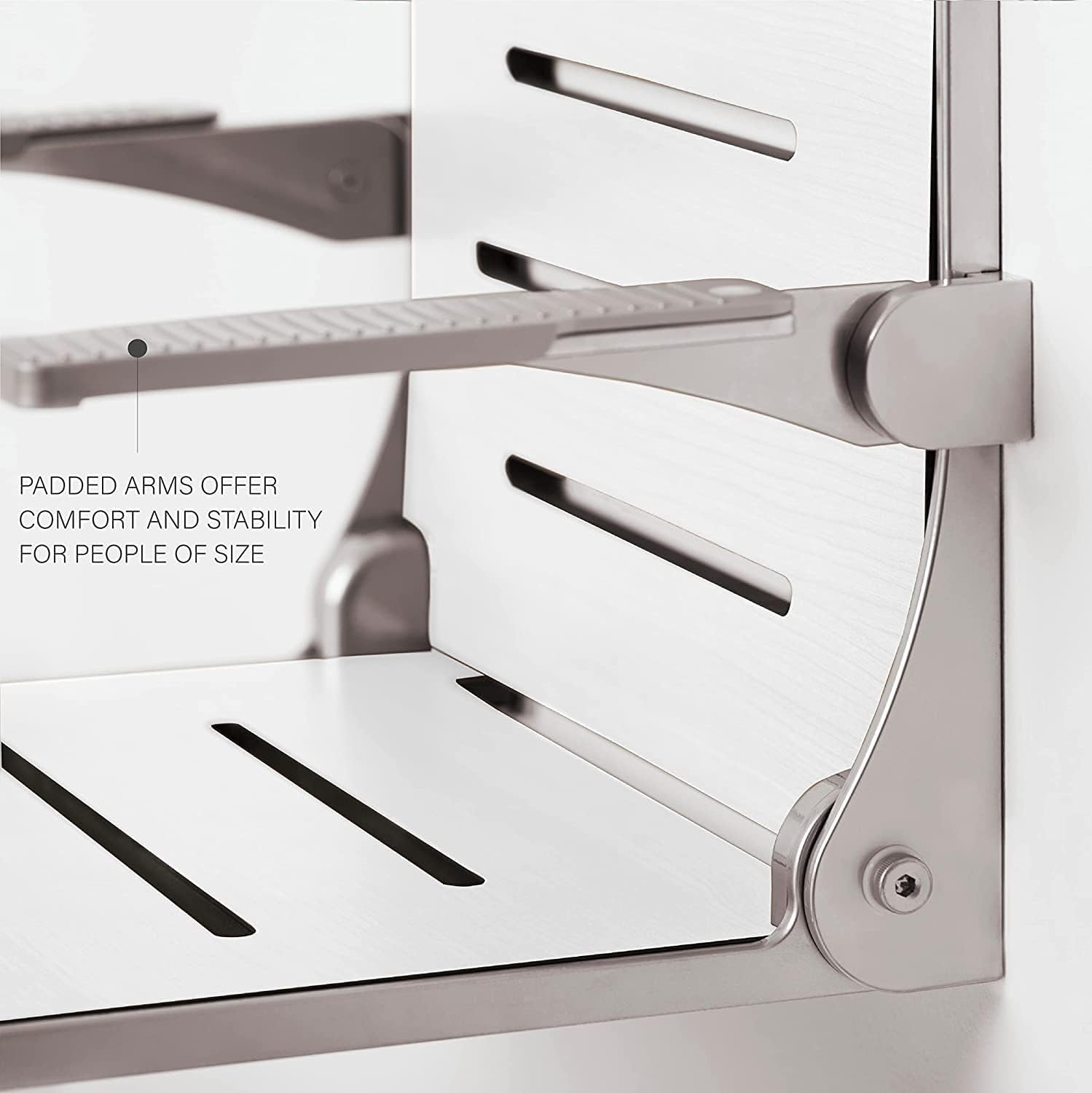 Seachrome Silhouette Comfort Folding Wall Mount Shower Bench Seat with Arms, Teak Seat with Silver Frame