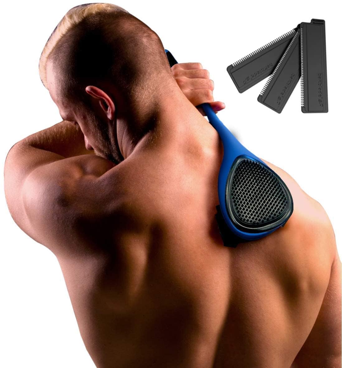 BakBlade 2.0 Elite Back Shaver for Men With Silicone Handle For Grip | Exfoliator Brush Included, 3 Rows of Blades, Ergonomic Foldable Handle