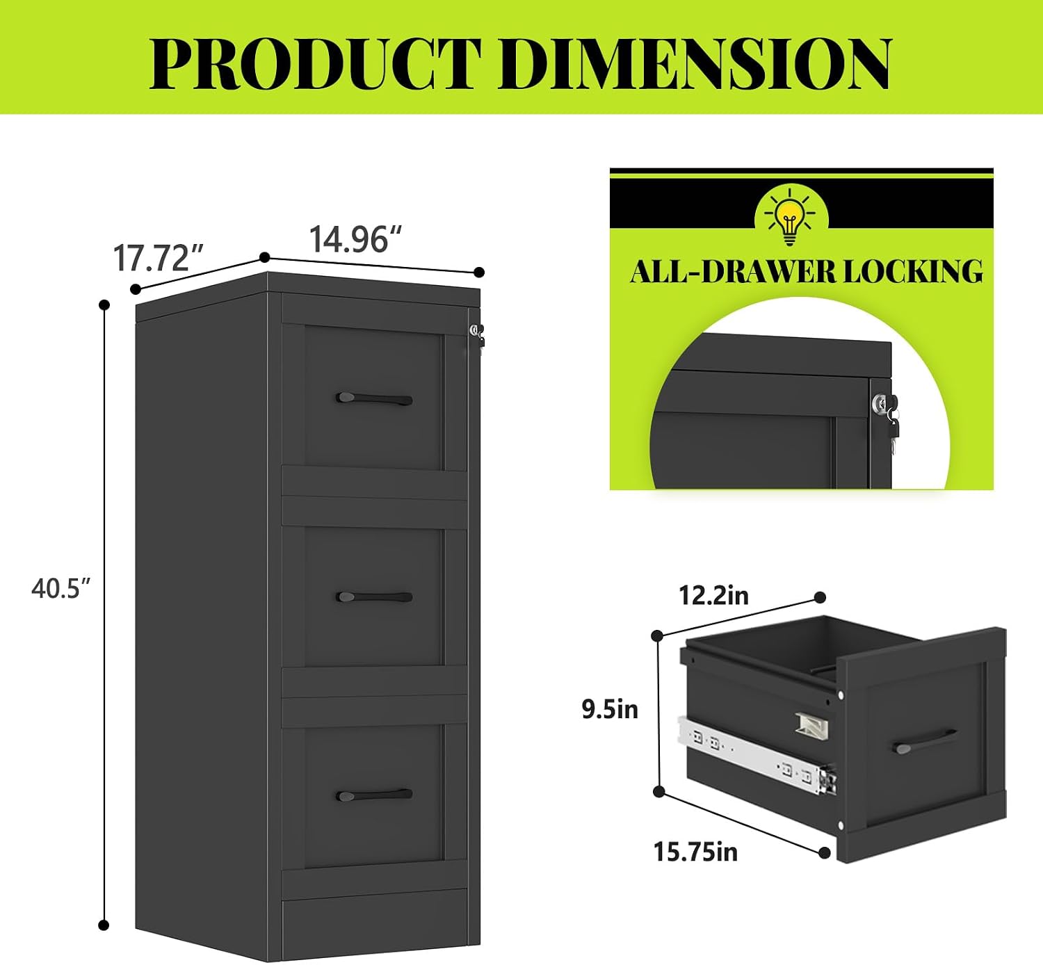 3 Drawer File Cabinet, Office Mobile Filing Cabinet, Printer Stand | All-in-One Office Storage, 3 Storage Drawers, 2 Adjustable Shelves, Lockable Cabinet, 4 Casters, 46.5-Inch Top