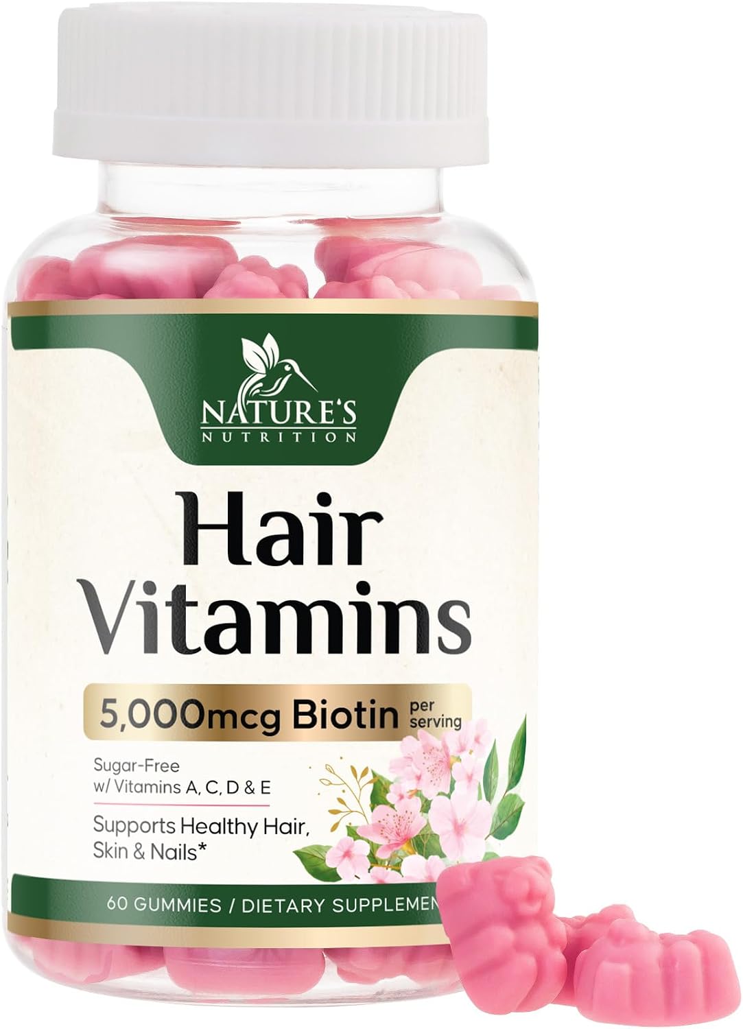 Hair Vitamins Gummies with Biotin 5000 mcg Per Serving - Extra Strength Hair Growth Support Vitamin E & C - Stronger Radiant Hair