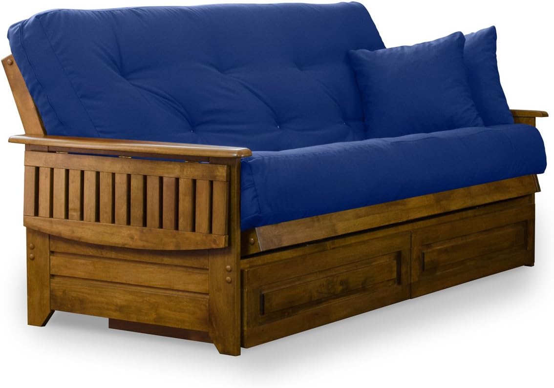 Brentwood Tray Arm Futon Frame, Drawers, and Khaki Mattress Set - Queen, Rich Heritage Finish