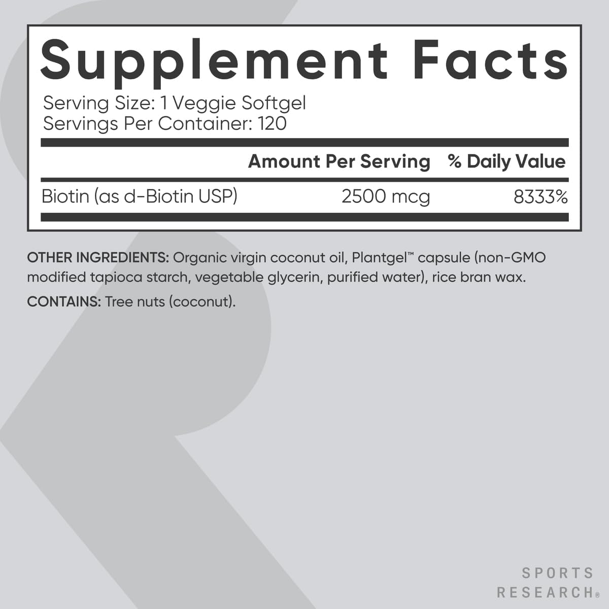 Sports Research® Biotin 10,000mcg w/Coconut Oil, 120 Count Plantgels™ | Max Strength Vegan Biotin (Vitamin B7) for Healthy Skin and Hair Support | Non-GMO, Gluten & Soy-Free, 120 Servings