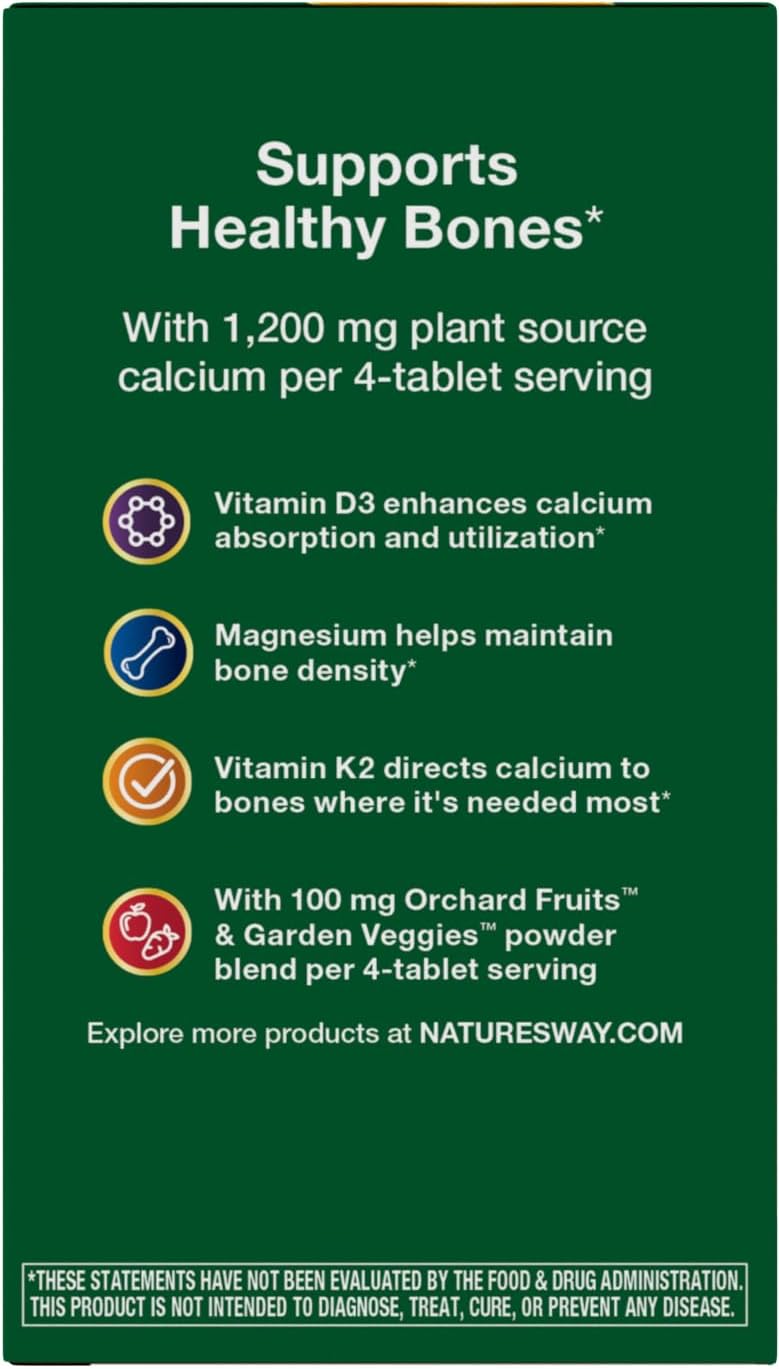 Nature’s Way Alive! Calcium Bone Support Tablets*, 1,200 mg Calcium, 120 ct | Max Absorption Calcium Supplement with Vitamins D3, K2, & Magnesium, Promotes Bone Health and Bone Density*, Gluten Free