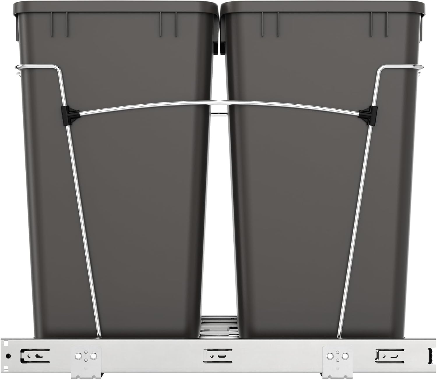 Rev-A-Shelf Double 27 Qt Pullout Trash Can for Base Kitchen Cabinets, Garbage Waste Bin System with Full Extension Slides, Min Opening Width of 11.5", Metallic Silver, RV-15KD-17C S