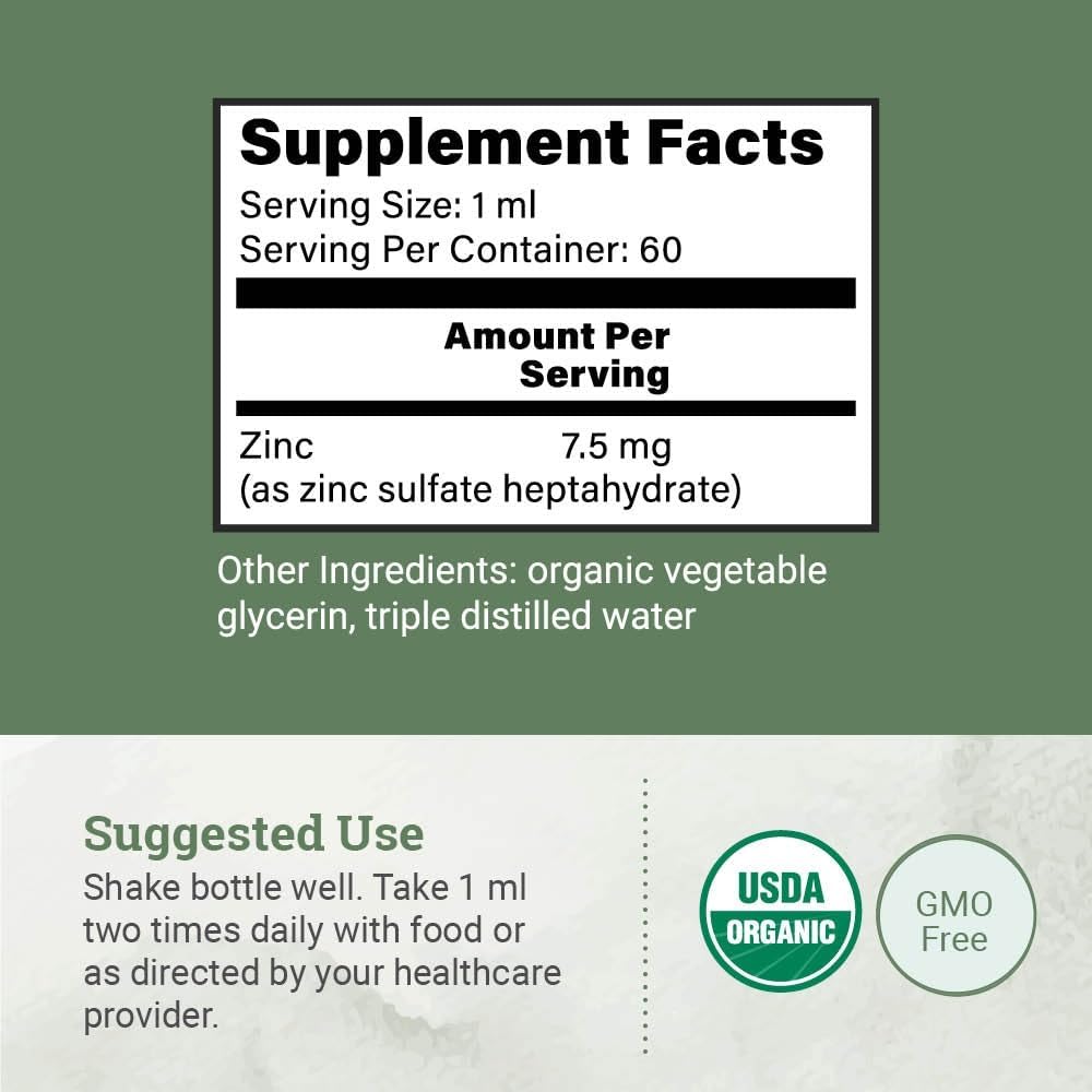 Organic Liquid Zinc Sulfate - Pure Zinc Supplements for Skin Health, Immune System Function and Normal Cell Growth in Adult Men & Women - Non-GMO