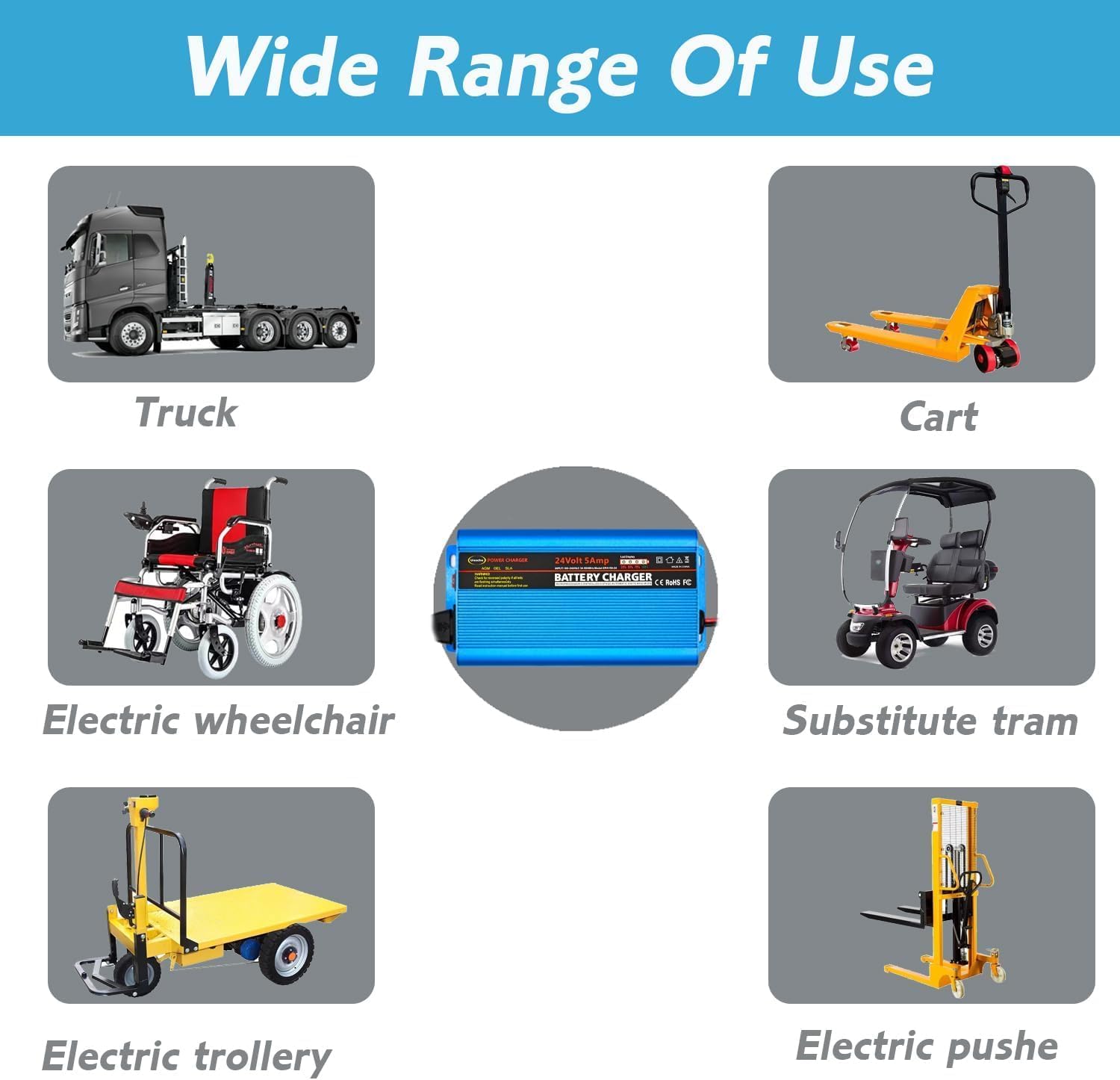 Unocho 24V 5A Battery Charger Maintainer 4-Stage Smart Lead-Acid Charger with 3-Pin XLR Connector Power Switch and LED Display for Wheelchairs Mobility Scooters AGM Gel SLA VRLA