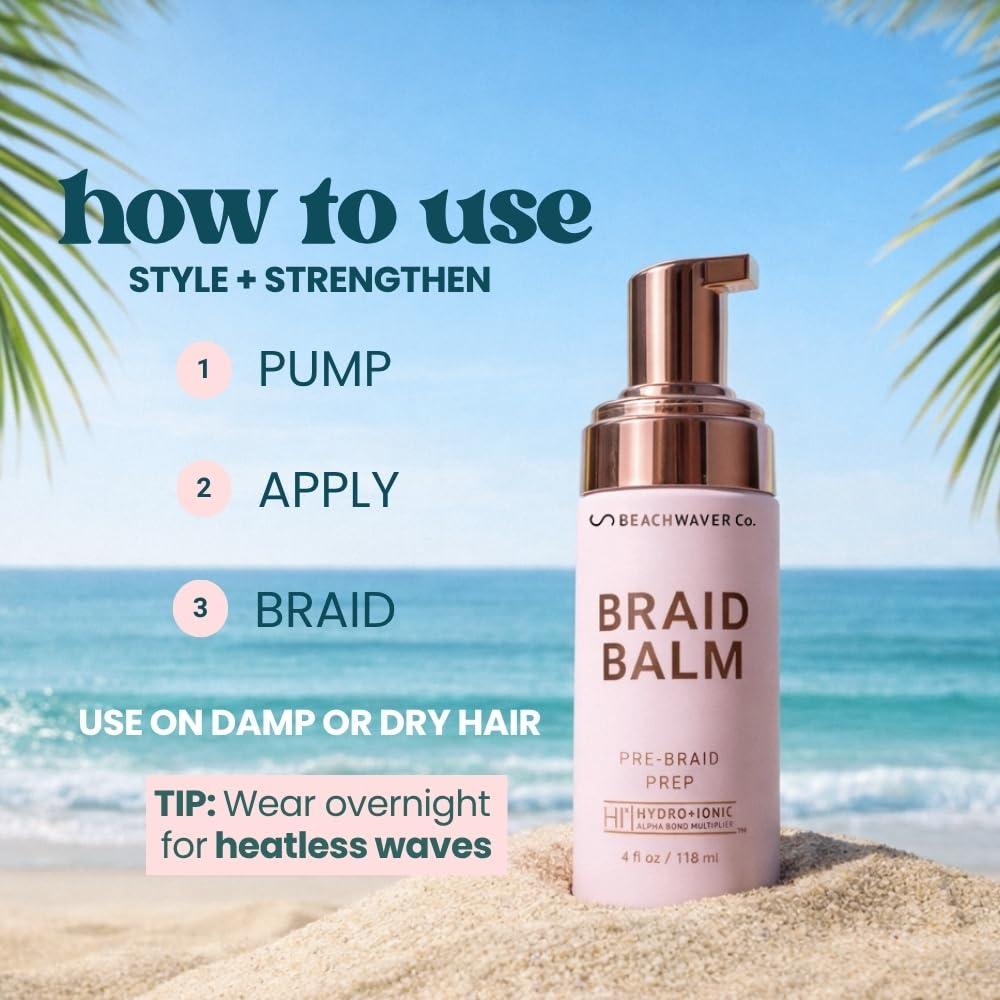 The Beachwaver Co. Braid Balm Pre-Braid Prep - Full Size (4 Fl Oz) | Frizz-Taming Primer Foam | Strengthen and Reduce Flyaways w/HiX Vegan Bond